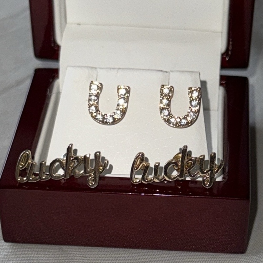 2 Pair Earrings Gold Script 'Lucky' and Rhinestone Horseshoe Equestrian Classic